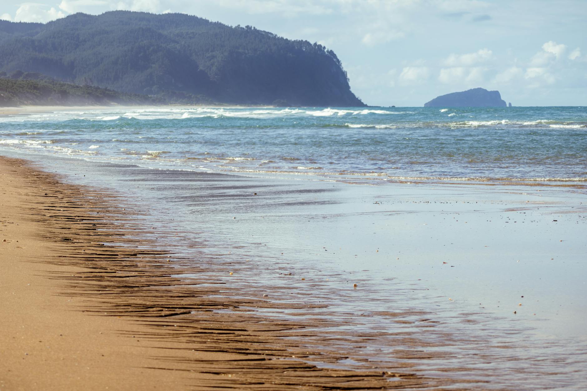 Spokojna piaszczysta plaża z falami i wzgórzami w Coromandel